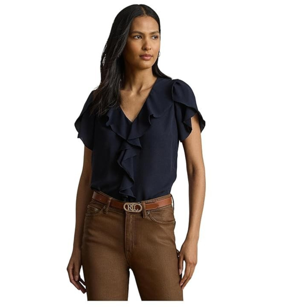 Lauren Ralph Lauren Ruffle-Trim Georgette Blouse Navy Size S 1946